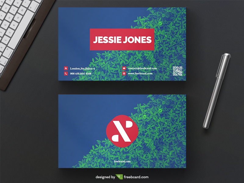 Creative blue and green business card on bush background - Freebcard